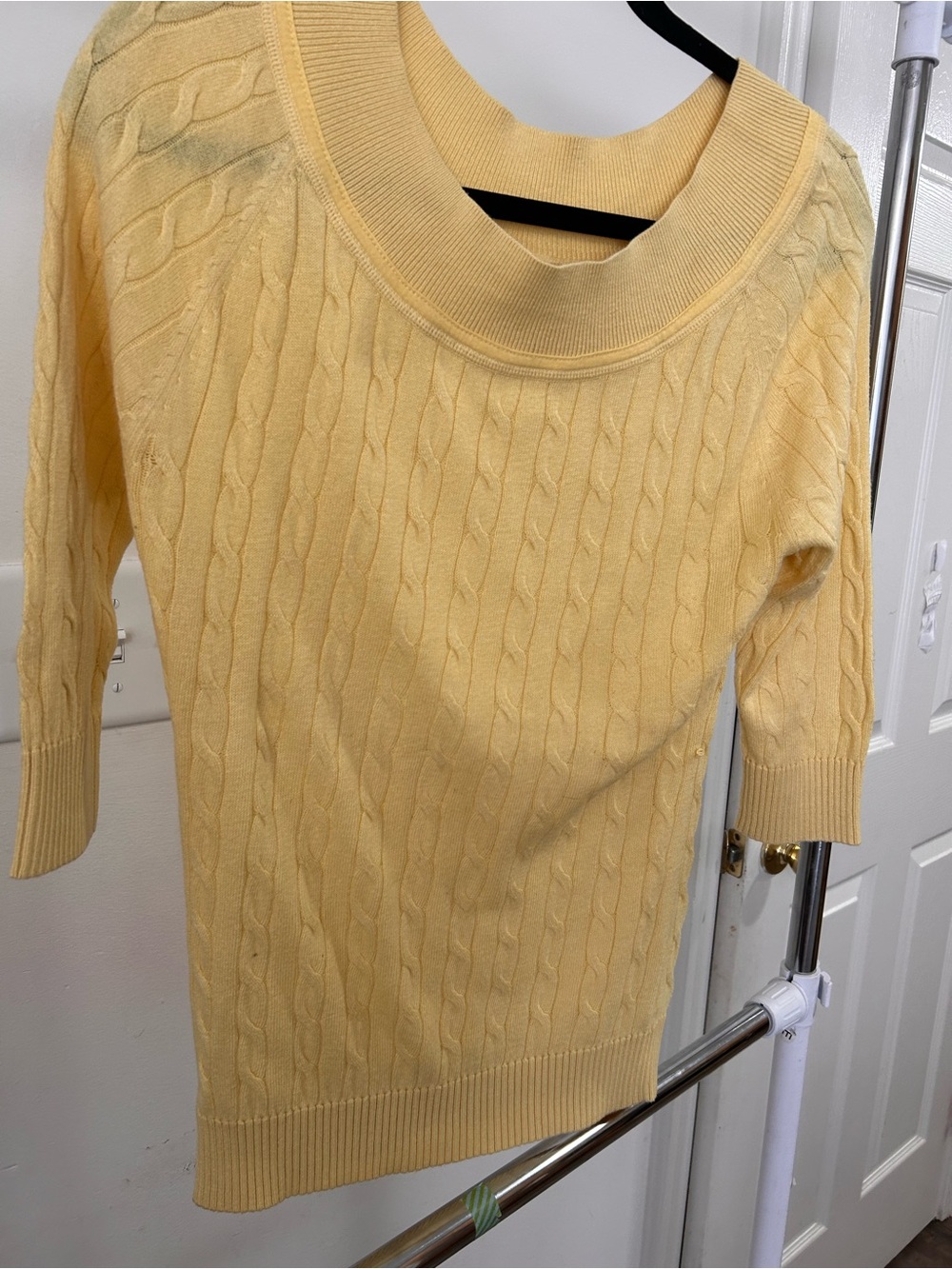 New York & Company Yellow Cable-Knit Short Sleeve Sweater
